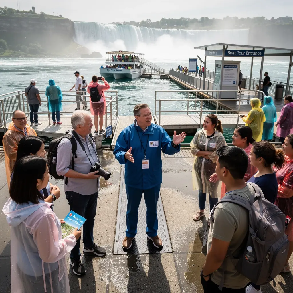 Кораблик, плывущий к водопаду, окутанный брызгами воды