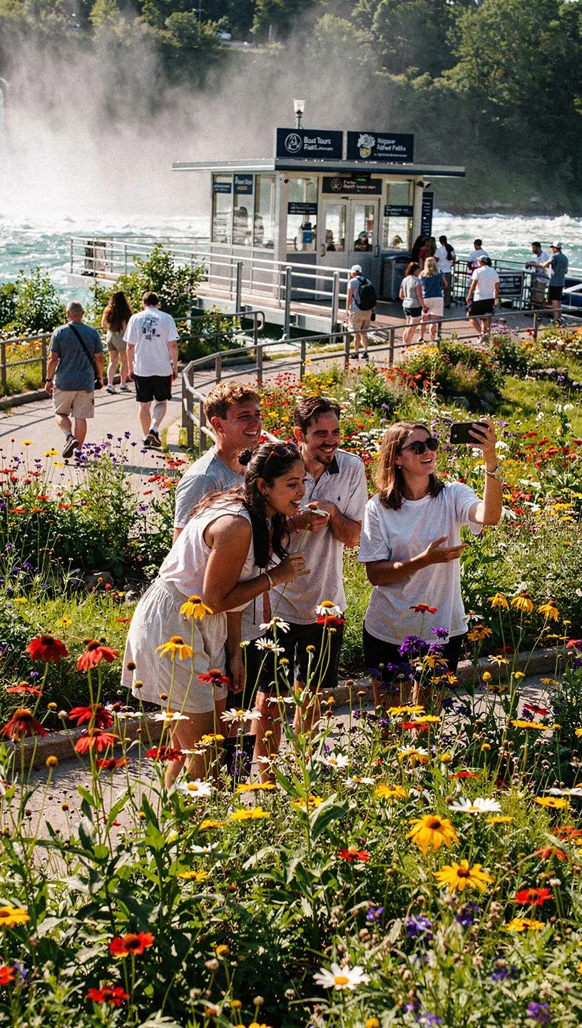 Вид на Ниагарский водопад с обзорной площадки, окруженной зелеными деревьями.