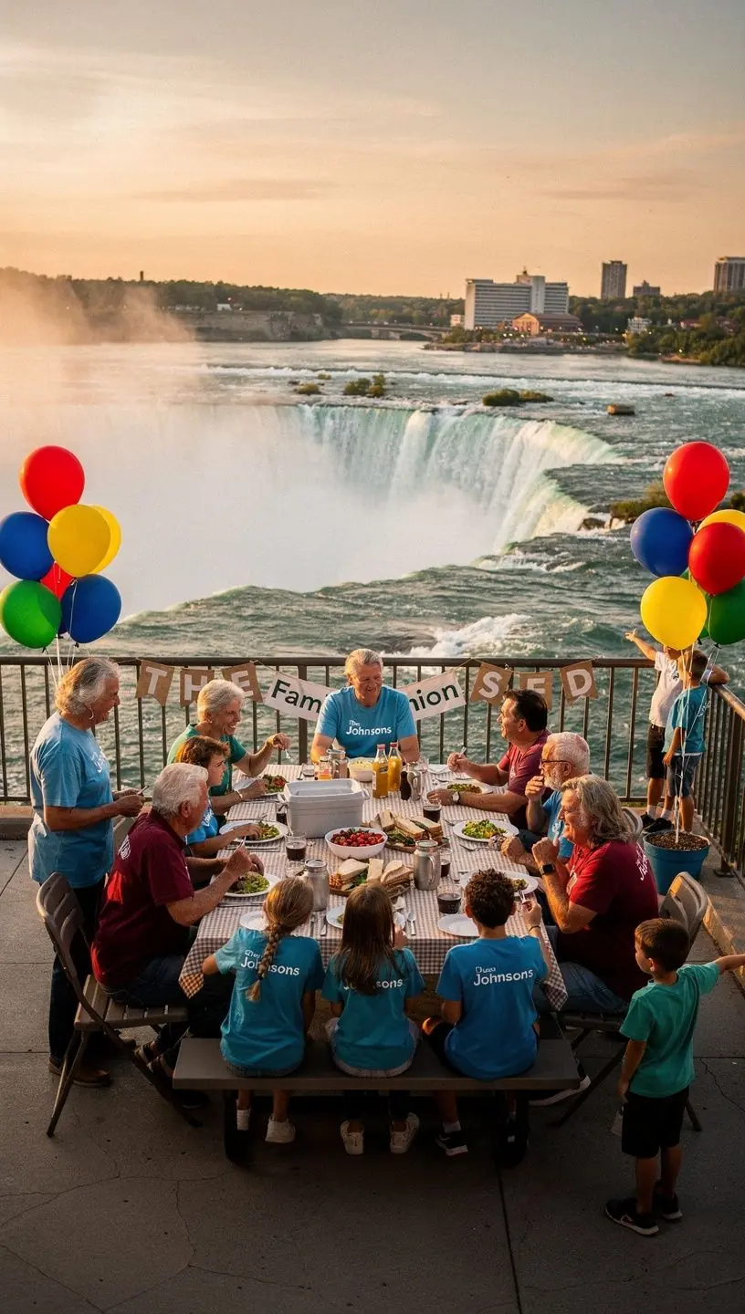 Посетители на смотровой площадке, любующиеся величественными водопадами Ниагары.