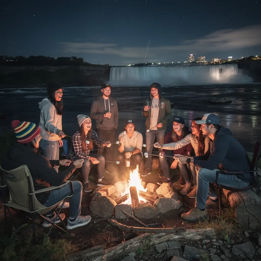 Ниагарский водопад в вечернее время, освещенный яркими огнями и отражающийся в воде.